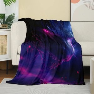 Detail of soft flannel throw blanket featuring a neon purple and blue leopard art design