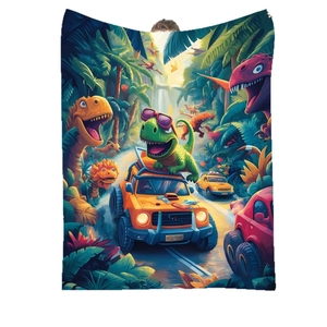 Digital print flannel dinosaur blanket featuring a T-Rex driving a car in a lush jungle
