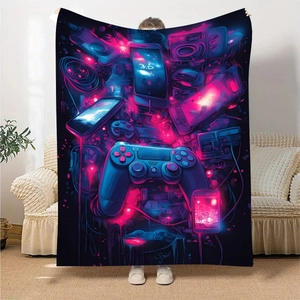 Macro view of cyberpunk gamer blanket with vivid neon gamepad print and soft flannel texture