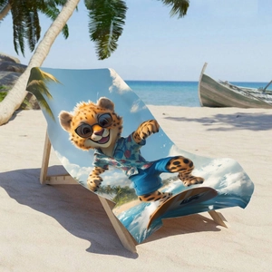 Microfiber beach towel with cartoon leopard surfing print on a wooden beach chair