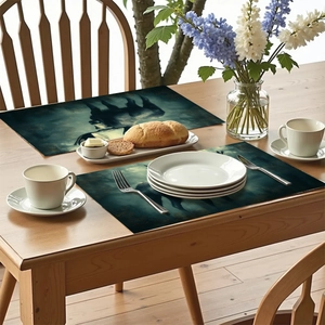 Detail view of rectangular forest moose table mats on a warm wooden dining table