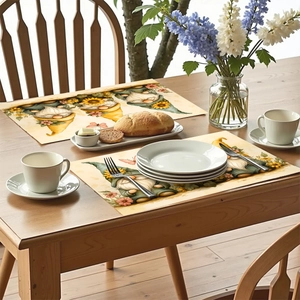 Floral sunflower and gnome table placemat set for heat-resistant dining room decoration