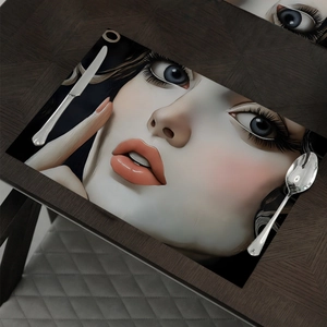 Artistic modern face portrait placemat on a dark wooden table with cutlery