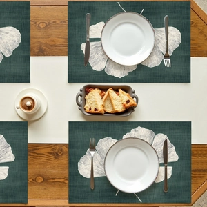 Elegant dark green rectangular placemats with white ginkgo leaf pattern set of 4