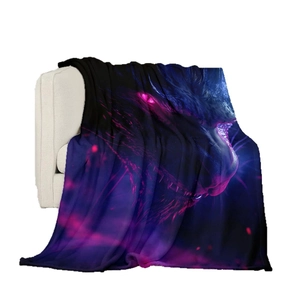Flannel blanket with dark mystical cat print and glowing purple eyes on white sofa