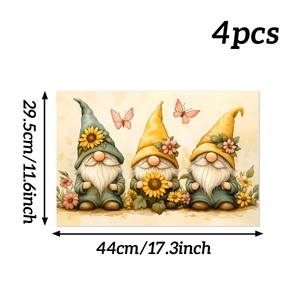 Set of 4 Gnomes floral placemats with sunflowers and butterflies, size 44x29.5cm