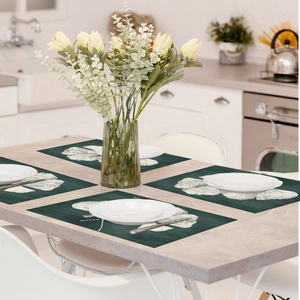 Set of 4 dark green placemats with white ginkgo leaf pattern for dining table decor