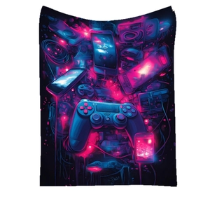 Cyberpunk gaming blanket featuring neon gamepad print and vibrant purple tech theme design