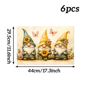 Detail view of 6pcs gnome floral placemats showing 44x29.5cm size and watercolor design