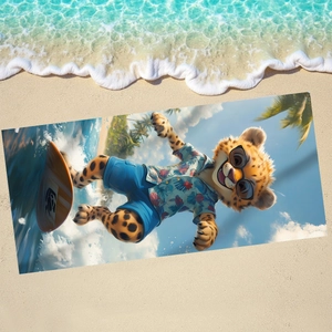 Microfiber beach towel featuring a cartoon leopard surfing on sand with ocean waves background