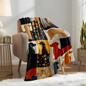 Soft flannel dachshund puzzle patterned throw blanket draped over a modern armchair