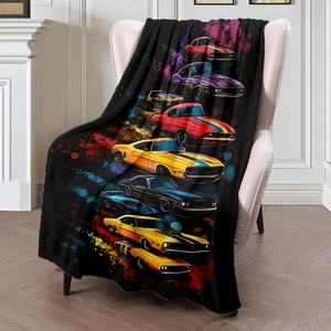 Black flannel blanket featuring artistic splash patterns of colorful vintage muscle cars