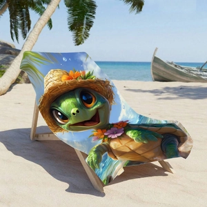 Cartoon turtle microfiber beach towel with straw hat print on sand chair by the sea