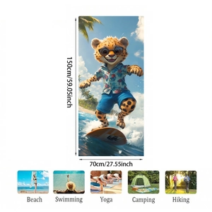 70x150cm microfiber beach towel featuring a surfing cartoon leopard with holiday scenes
