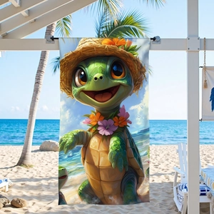 Microfiber beach towel with cartoon turtle print hanging on a sunny tropical beach