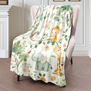 Jungle animal print flannel baby blanket with elephant and giraffe on pink chair