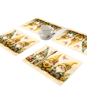 Set of 4 heat-resistant table mats featuring cute gnomes, sunflowers, and pink butterflies