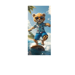 Microfiber beach towel with cartoon cheetah surfing design and tropical island background