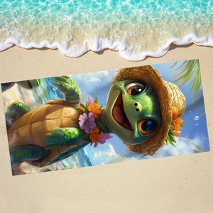 Microfiber beach towel with cartoon sea turtle design on sand with ocean waves