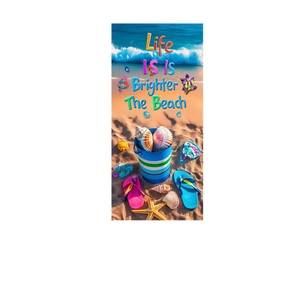 Microfiber beach towel with colorful shells design and Life Is Brighter At The Beach text