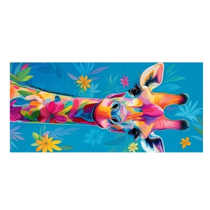 Colorful giraffe microfiber beach towel with vibrant tropical floral pattern on blue background