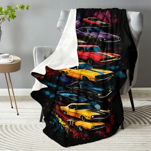 Flannel blanket featuring colorful retro muscle cars on a black background for sofa use