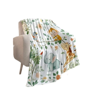 Jungle animal print flannel blanket with cartoon elephant and giraffe on white background