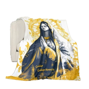 Soft white flannel blanket featuring blue and gold Our Lady of Guadalupe religious print
