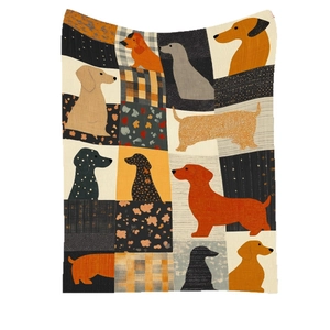 Artistic flannel dachshund patchwork blanket with multi-color geometric patterns