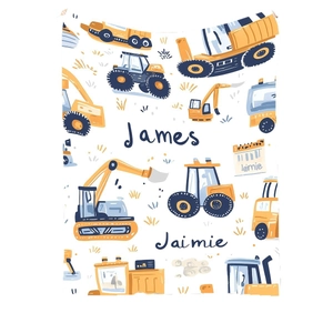Customized flannel baby blanket featuring yellow construction trucks and personalized names