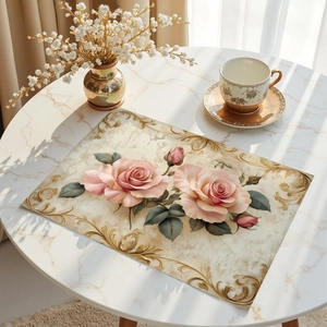Vintage Victoria pink rose placemat with gold scrollwork on white marble table