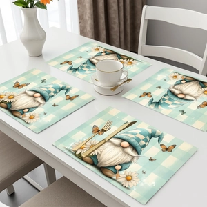 Set of 4 green gnome placemats with daisy patterns on a blue and white checkered background