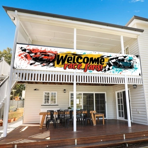 Bannière de Thème de Course Welcome Race Fans Drapeau à Damiers Polyester Décoratif Extérieur pour Fête de Course Jardin Maison