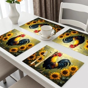 Detail of artistic sunflower and rooster pattern on heat-resistant dining table placemats