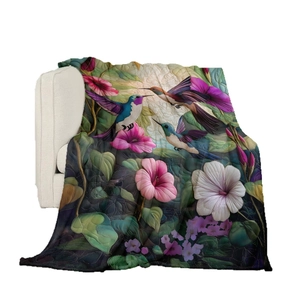 Quilted hummingbird and floral flannel blanket with vibrant digital hummingbird print
