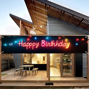 Neon style Happy Birthday banner with colorful light effects for indoor and outdoor party decor