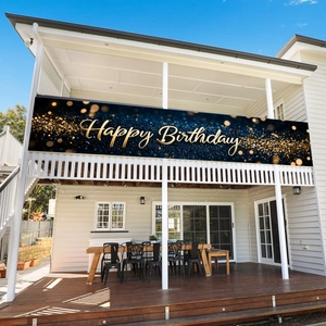 Grande striscione di compleanno nero e oro per decorazione di feste e giardino esterno