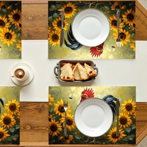 Artistic oil painting placemat with sunflower and rooster on a wooden dining table