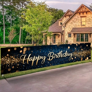Striscione esterno Happy Birthday blu e oro con pois dorati per decorazione del giardino
