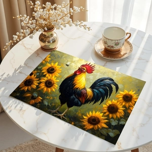Rectangle placemat with colorful rooster and sunflower oil painting design for table decor