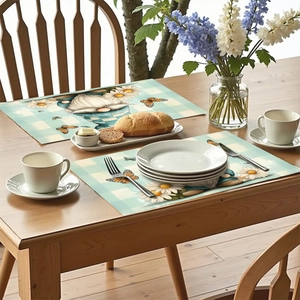 Gnome and daisy pattern placemat set on a wooden table with elegant table settings