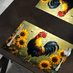 Artistic sunflower and colorful rooster placemat on dark wood table with silverware