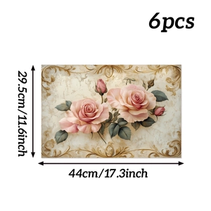 Detail showing 6-piece set of Victorian pink rose placemats with dimensions and gold borders