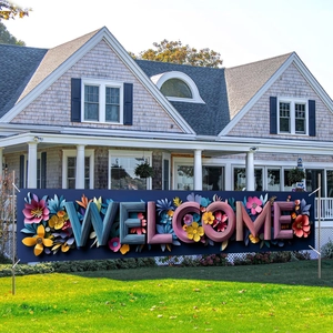Outdoor Welcome banner with 3D floral design on blue background for garden party decoration