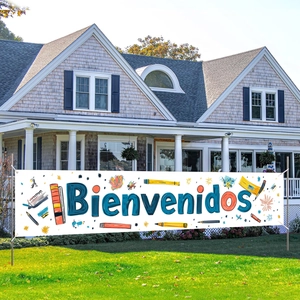 Großes Bienvenidos Schulanfang Banner für Gartenparty mit Schulbedarf Illustrationen