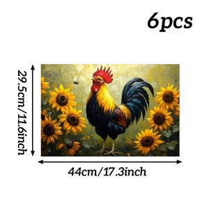Detailed macro view of 44x29.5cm placemats featuring rooster and sunflower oil painting art