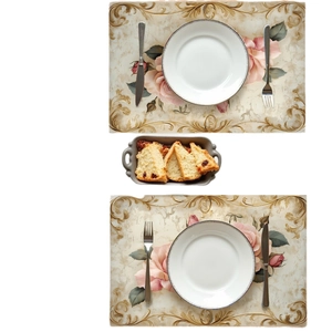 European style table placemat featuring pink roses and gold ornate borders for dining decor