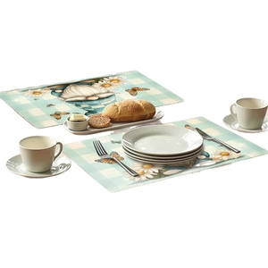 Green gnome placemat set with checkered background and floral butterfly decorations