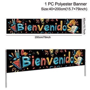 Detailed view of back to school welcome banner with pencil illustrations and dimensions