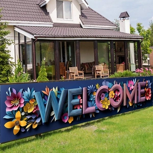 Deep blue Welcome garden banner with colorful 3D floral accents for outdoor party decor